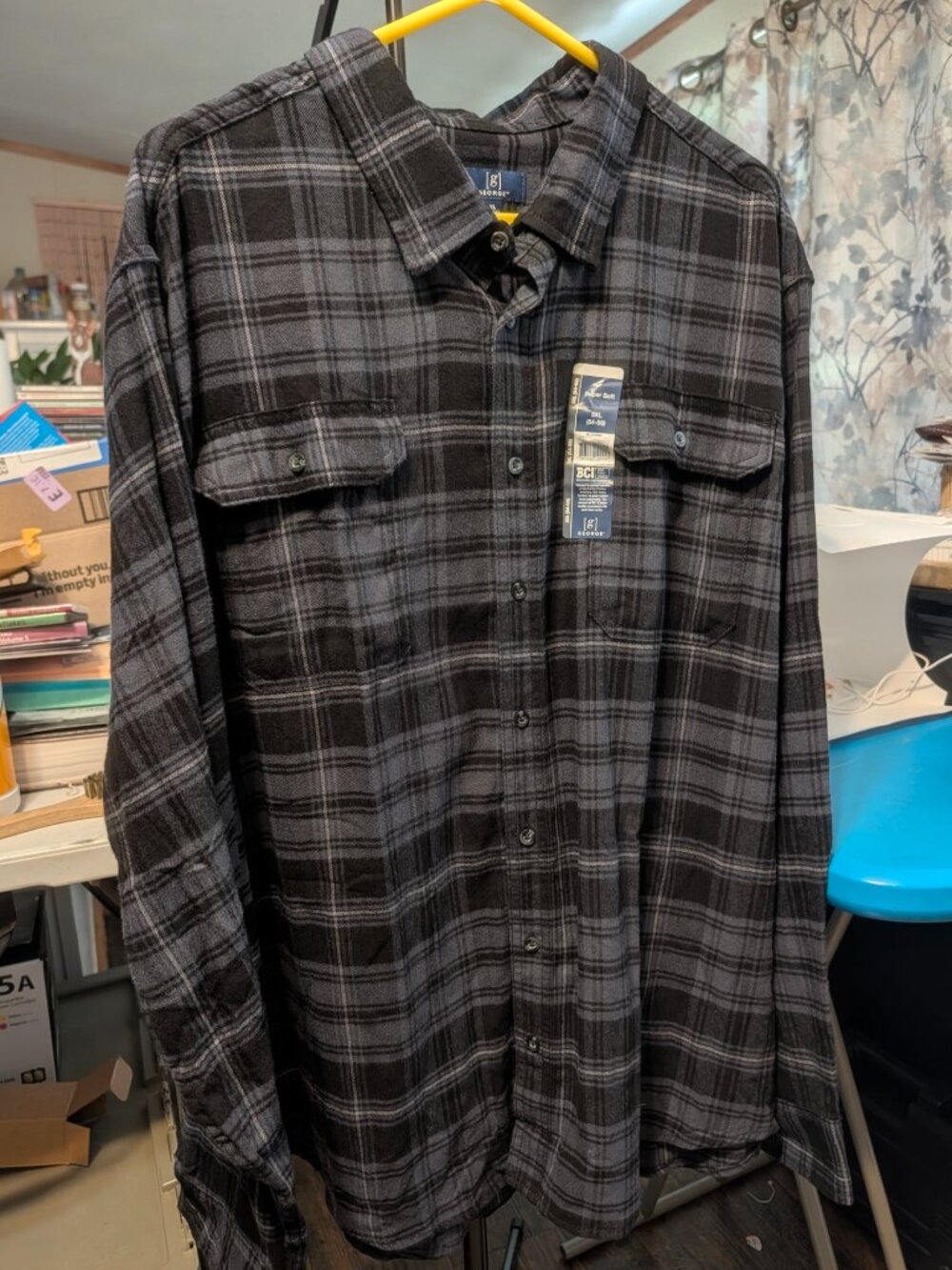 Men's George Flannel plaid Double Pocket Shirt Black/Gray 3XL NWT